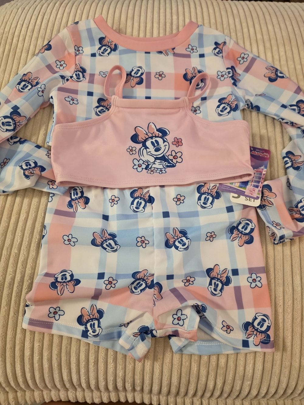 Disney Girls Pink & Blue Minnie Plaid 3-Piece Swim Set